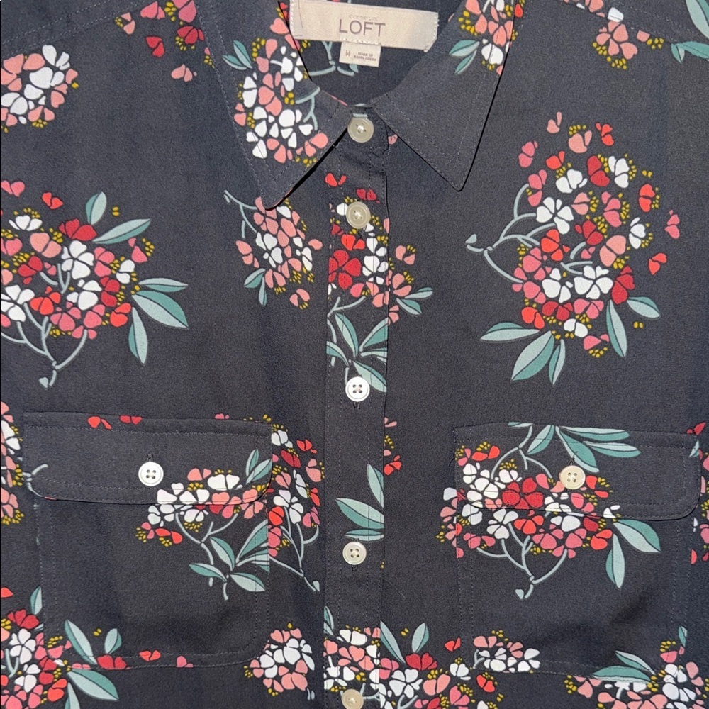 LOFT Black Floral Button-Front Blouse with Red and Pink Blooms - Picture 2 of 8